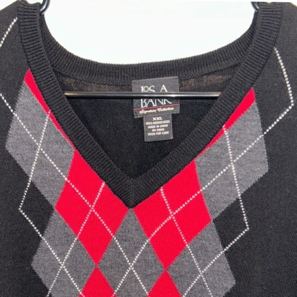Jos A Bank Sweater XXL Mens Black Argyle V-Neck 100% Merino Wool Signature